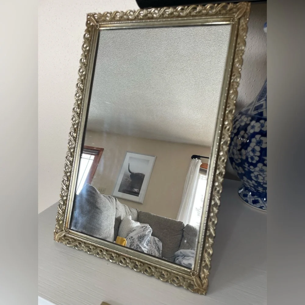 Vintage Large Gold Ornate Rectangular Glass Vanity Mirror Jewelry with stand